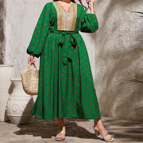 Robe ceinturée à pois manches bouffantes à bande contrastante - SHEIN - Modalova