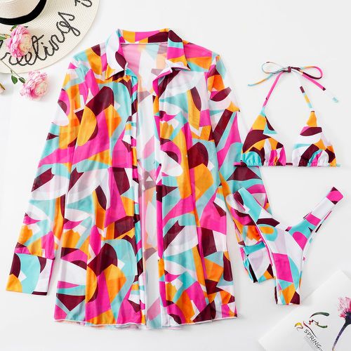 Bikini triangulaire ras-du-cou à imprimé aléatoire à nœud avec kimono - SHEIN - Modalova