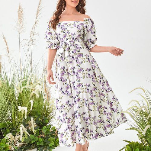 Robe ceinturée à imprimé floral col bardot à plis - SHEIN - Modalova