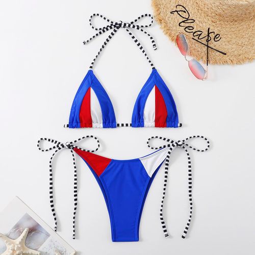 Bikini à blocs de couleurs ras-du-cou triangulaire à nœud - SHEIN - Modalova