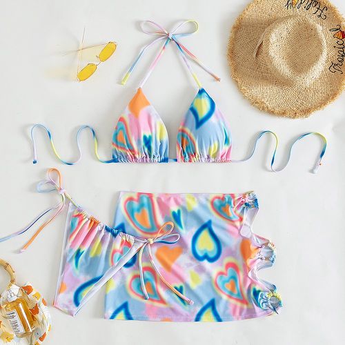 Pièces Bikini aléatoire à imprimé cœur ras-du-cou triangulaire à nœud & jupe de plage - SHEIN - Modalova