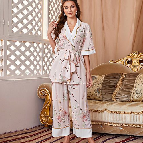 Ensemble de pyjama à imprimé floral à liseré contrastant ceinturé - SHEIN - Modalova