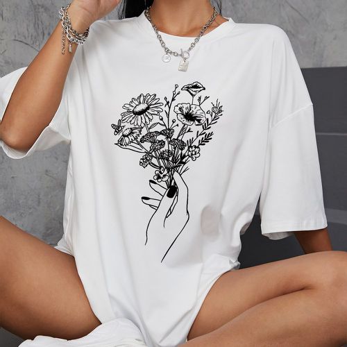 T-shirt oversize à imprimé floral et main - SHEIN - Modalova