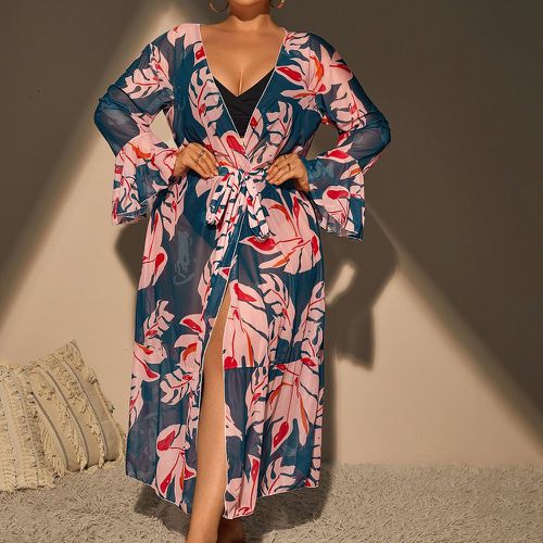 Kimono ceinturé à imprimé tropical manches évasées à volants - SHEIN - Modalova