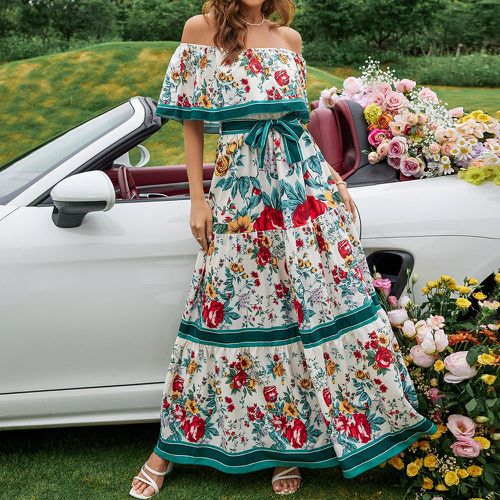 Robe ceinturée à imprimé floral col bardot à volants - SHEIN - Modalova