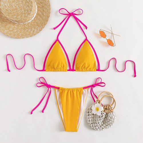 Bikini à blocs de couleurs découpe micro triangulaire ras-du-cou à nœud - SHEIN - Modalova