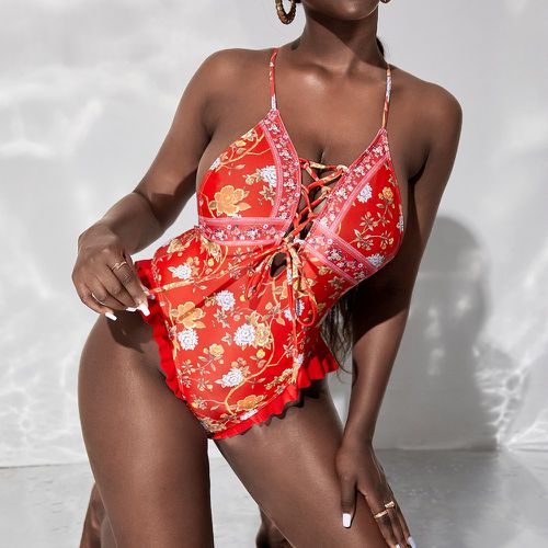 Maillot de bain une pièce à imprimé floral à lacets dos-nu croisé à volants - SHEIN - Modalova