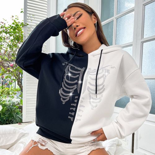 Sweat-shirt à capuche à strass à motif squelette bicolore à cordon à doublure thermique - SHEIN - Modalova