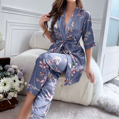 Ensemble de pyjama peignoir à imprimé floral ceinturé en satin & pantalon - SHEIN - Modalova