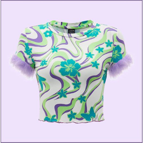T-shirt à imprimé floral duveteux à ourlet ondulé - SHEIN - Modalova