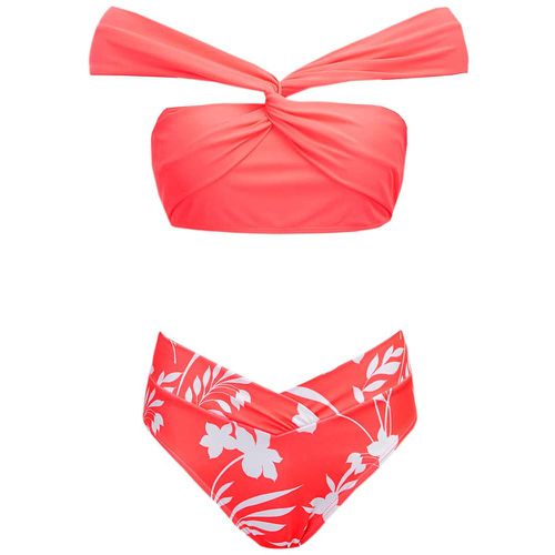 Bikini à imprimé floral torsadé col bardot - SHEIN - Modalova