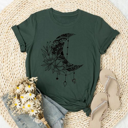 T-shirt lune & à imprimé floral - SHEIN - Modalova