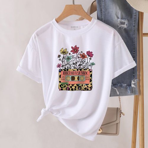 T-shirt à imprimé floral et bande audio - SHEIN - Modalova