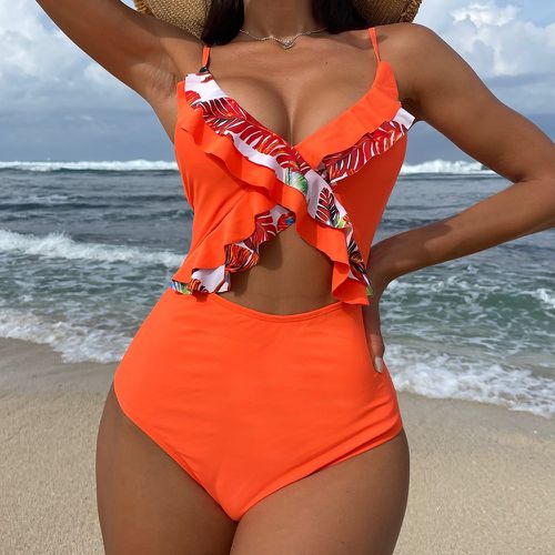 Maillot de bain une pièce à imprimé tropical découpe à volants - SHEIN - Modalova