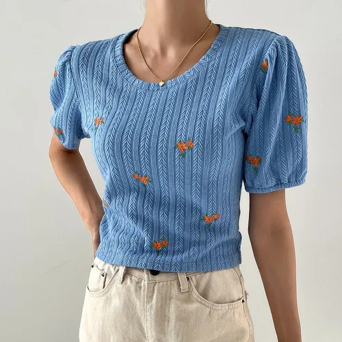 T-shirt brodé fleur texturé - SHEIN - Modalova