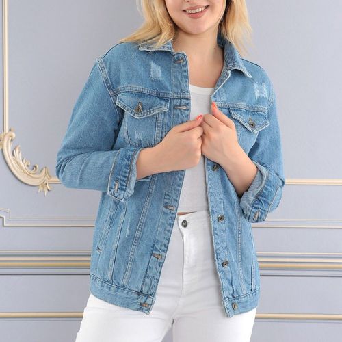 Veste en jean déchiré poche à rabat à bouton - SHEIN - Modalova