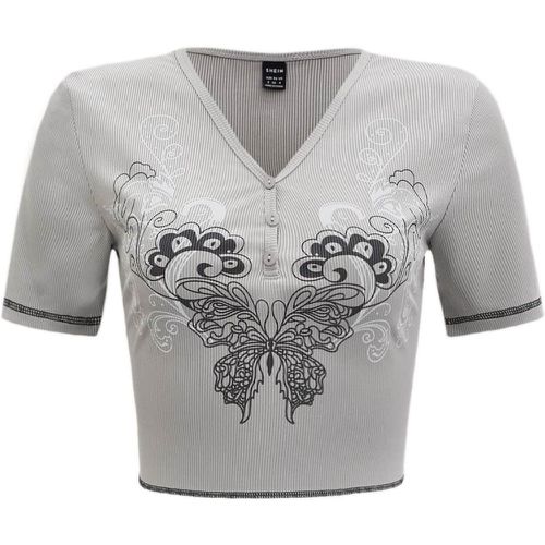 T-shirt à imprimé papillon à surpiqûres à bouton - SHEIN - Modalova