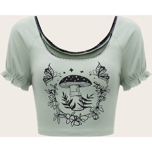 T-shirt court papillon et champignon en dentelle côtelé - SHEIN - Modalova