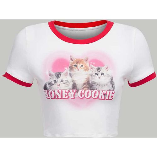 T-shirt à liséré contrastant à imprimé chat et lettre - SHEIN - Modalova