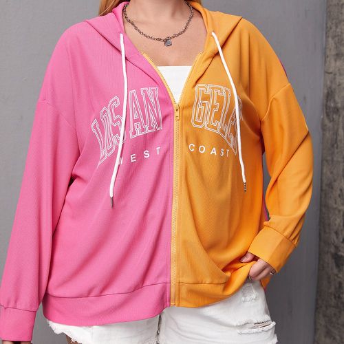 Sweat-shirt à capuche bicolore à lettres à cordon zippé - SHEIN - Modalova