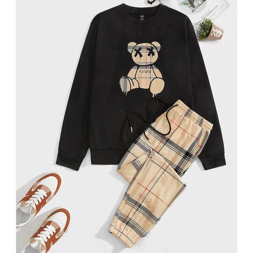 Sweat-shirt à imprimé ours & Pantalon de survêtement à carreaux à cordon - SHEIN - Modalova