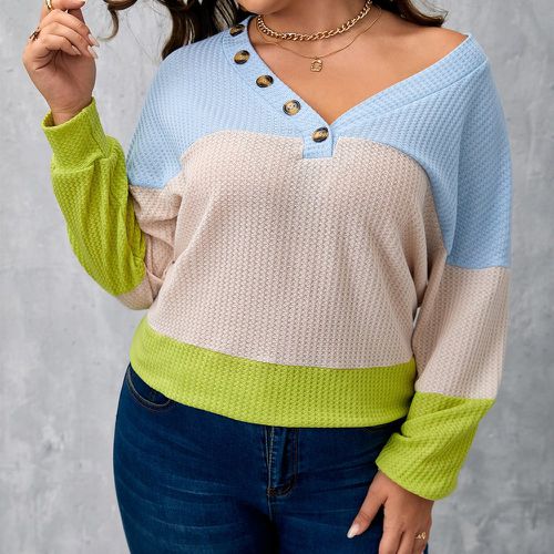 T-shirt à blocs de couleurs à bouton en maille gaufrée - SHEIN - Modalova