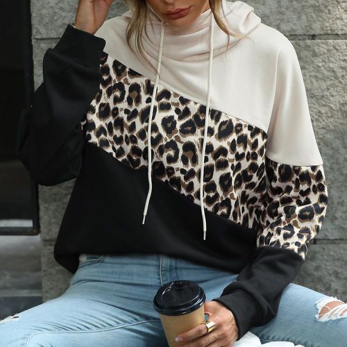 Sweat-shirt à capuche léopard à blocs de couleurs à cordon - SHEIN - Modalova