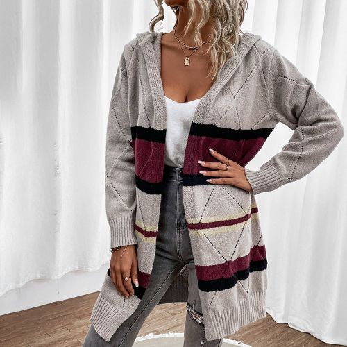 Cardigan long à blocs de couleurs en tricot losangé à capuche - SHEIN - Modalova