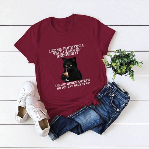 T-shirt à imprimé slogan et chat - SHEIN - Modalova