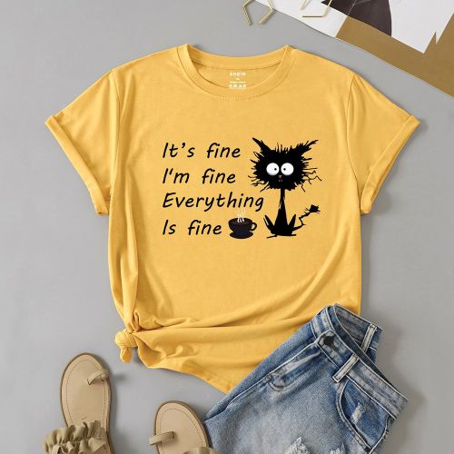 T-shirt graphique avec dessin animé et slogan "C'est bien, je vais bien, tout va bien", top, été - SHEIN - Modalova