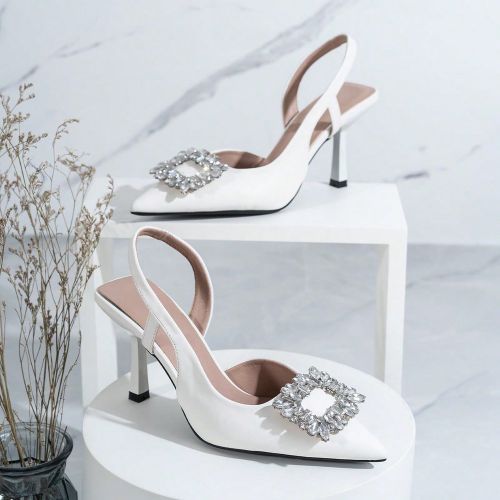 Sandales à brides cheville tendances avec talon haut noir, bout pointu, nœud papillon et décoration de strass - SHEIN - Modalova