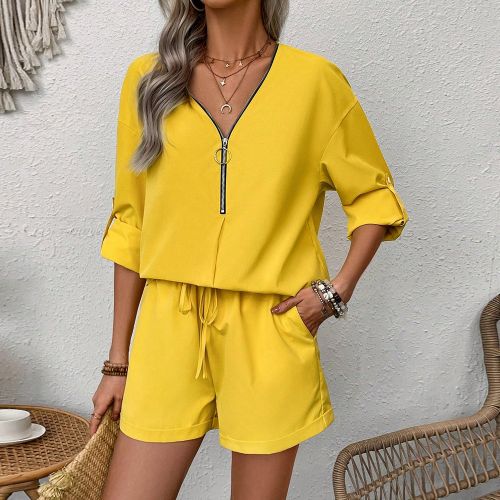 Ensemble Haut À Manches Retroussées À Col En Demi-zip Et Short - SHEIN - Modalova