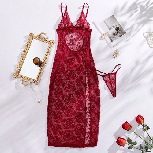 Ensemble De Lingerie Sexys: Robe Cami À Dentelle Transparente Avec Fente Haute Et String Assorti - SHEIN - Modalova