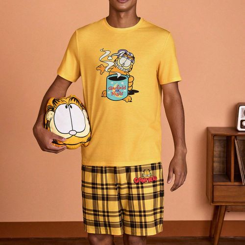 Ensemble de 2 pièces de vêtements de maisons comprenant un haut à manches courtes imprimé dessin animé et un short à carreaux, pour l'été - SHEIN - Modalova