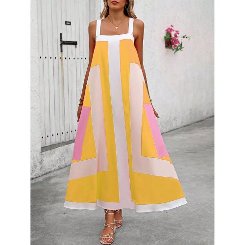 Robe longue imprimée sans manches style blocs de couleurs, tenue de plage d'été - SHEIN - Modalova