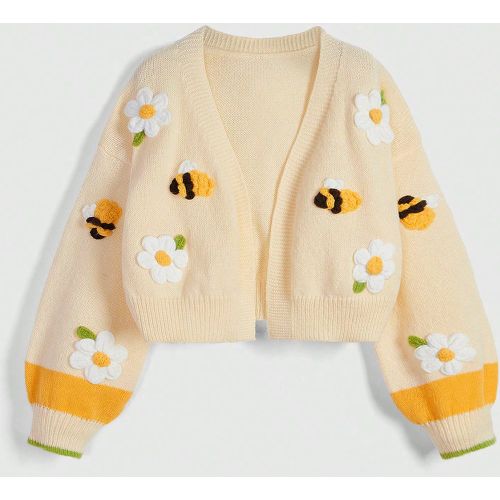 Cardigan pull à manches lanternes avec fleurs 3D et broderie d'abeilles, contraste de couleurs rural et adorable, tops à manches longues - SHEIN - Modalova