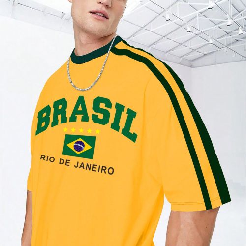 T-shirt à manches courtes et col rond grande taille, avec imprimé graphique lettres drapeau Brésil, t-shirt graphique d'été pour entraînement et - SHEIN - Modalova