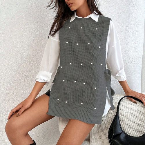 Pull sans manches à col rond avec perles - SHEIN - Modalova