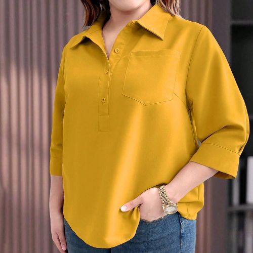 Chemise décontractée ample à boutons en coton avec manches 3/4 pour grandes tailles - SHEIN - Modalova