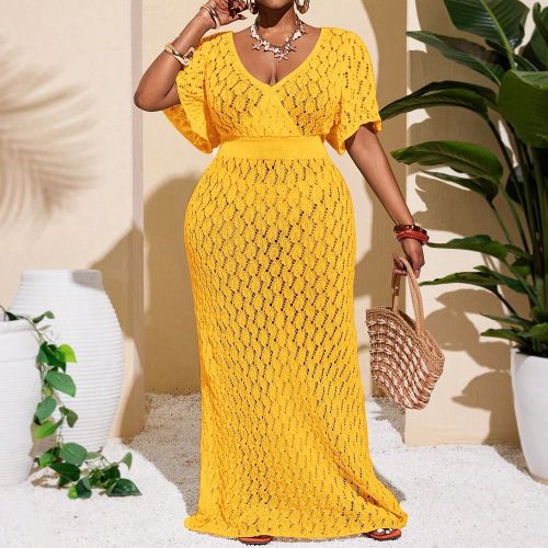 Robe à manches courtes avec volant de taille et ourlet, style vacances polyvalent et décontracté, en crochet unicolore, convient pour le printemps - SHEIN - Modalova
