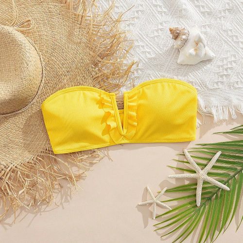 Top de bikini court à col V sexy en tissu côtelé tricoté, décontracté pour l'été et la plage - SHEIN - Modalova