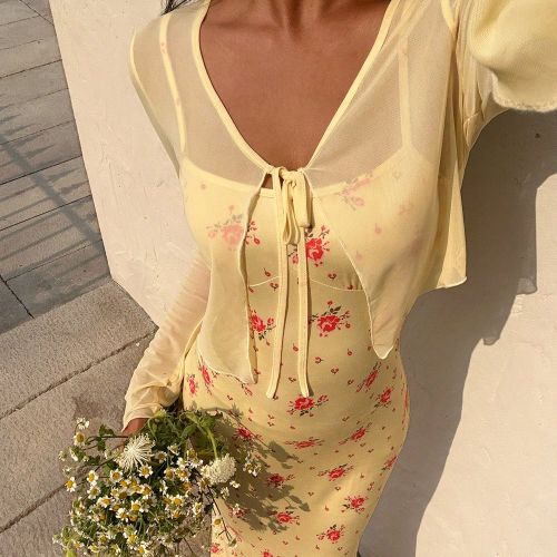 Ensemble robe débardeur à fleurs ditsy jaune style vacances + cardigan mignon - SHEIN - Modalova