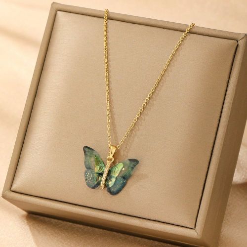 Pièce Accessoire Doré En Acier Inoxydable Chaîne Plaqué Avec Or 18K , Vintage & Élégant À Pendentif Papillon Avec Vert Émail & Détail , Polyv - SHEIN - Modalova