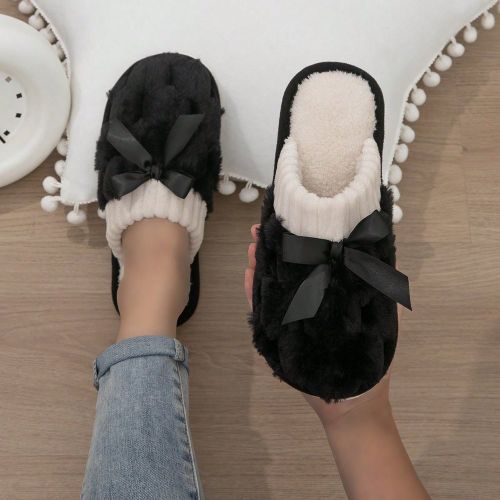 Mules s moelleuses, sandales d'intérieur chaudes pour la maison avec nœud papillon - SHEIN - Modalova