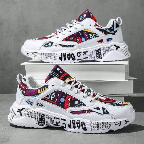 Baskets de sport polyvalentes et décontractées pour campus, à lacets, à bout rond, confortables, avec motif graffiti blancs - SHEIN - Modalova