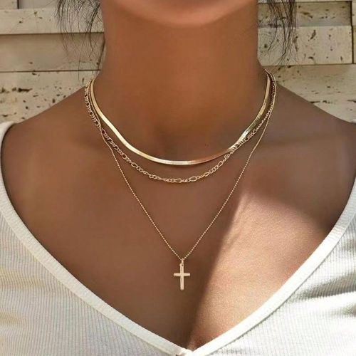 Chaîne métallique en acier inoxydable doré, chaîne à billes en cuivre et collier multicouche à breloques croisées, 3 pièces/ensemble - SHEIN - Modalova
