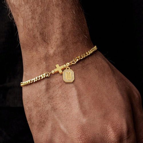 Pièce Bracelet simple ets en acier inoxydable de couleur or avec initiale sertie de zirconium en forme de croix et chaîne figaro - SHEIN - Modalova