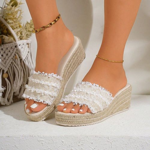 Sandales de plage en paille tressée à la mode, à semelle compensée épaisse, confortables, élégantes et polyvalentes. Disponibles en plusieurs c - SHEIN - Modalova