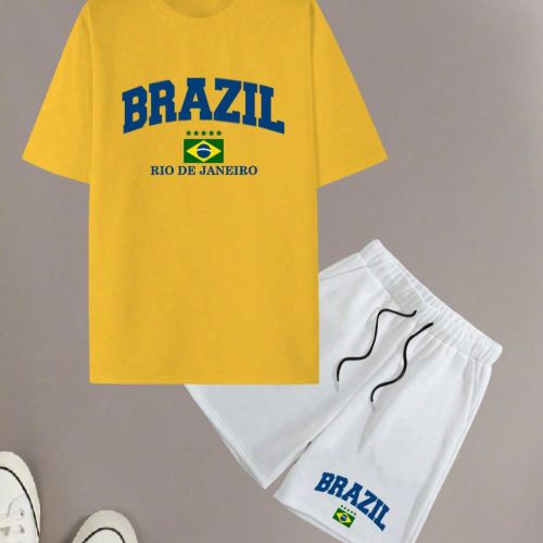 Ensemble t-shirt à manches courtes et short imprimé Brésil, tenue de sport pour usage quotidien - SHEIN - Modalova