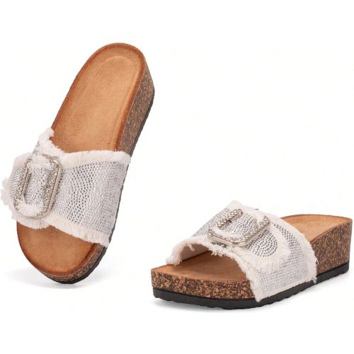 JOMIX Chaussons à talon épaiss avec semelle compensée et semelle tissée en liège avec boucle réglable, décoration diamantée, style bohème et - SHEIN - Modalova